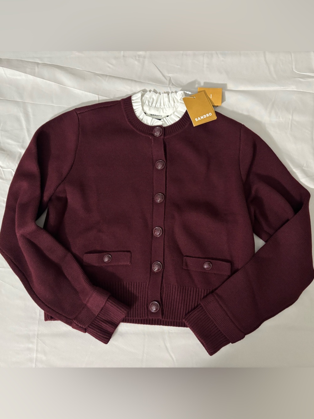 NWT) Sandro Burgundy Wool-Blend Ruffled-Collar Cardigan size2 - Picture 2 of 7